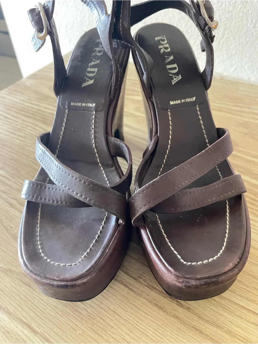 PRADA Brown Leather Strappy Ankle-Buckle Sandals